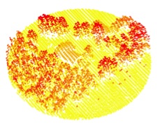 LiDAR data from one field plot with radius ca 28m in a 3D perspective – points are colored by height above the ground, so vegetation hits stand out in warmer colors than ground hits.